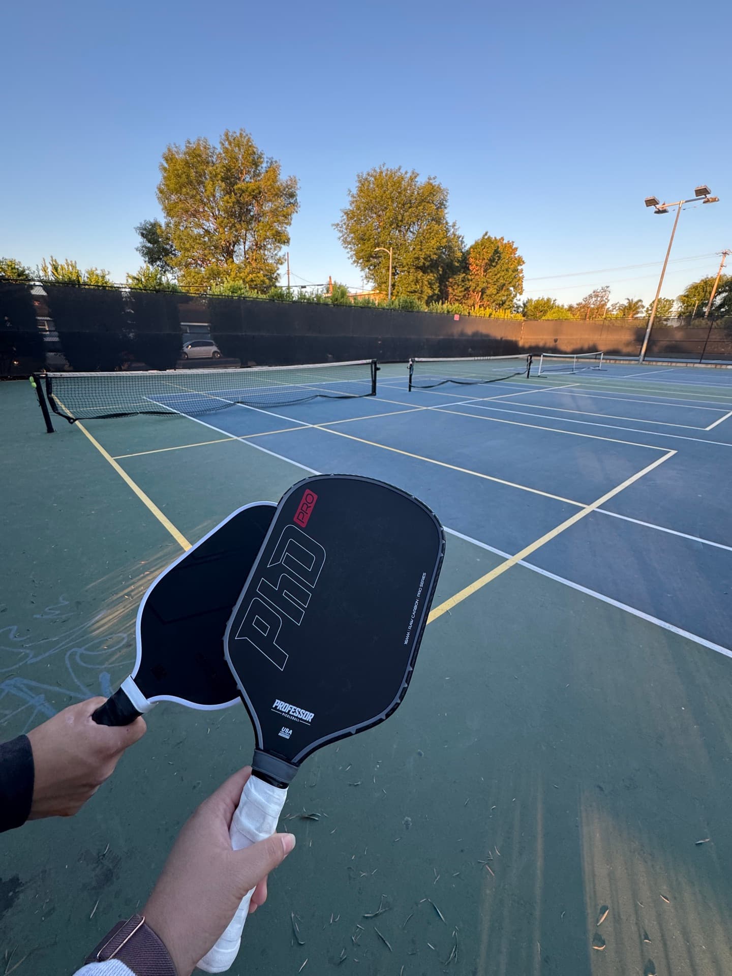 A couple with pickleball paddles